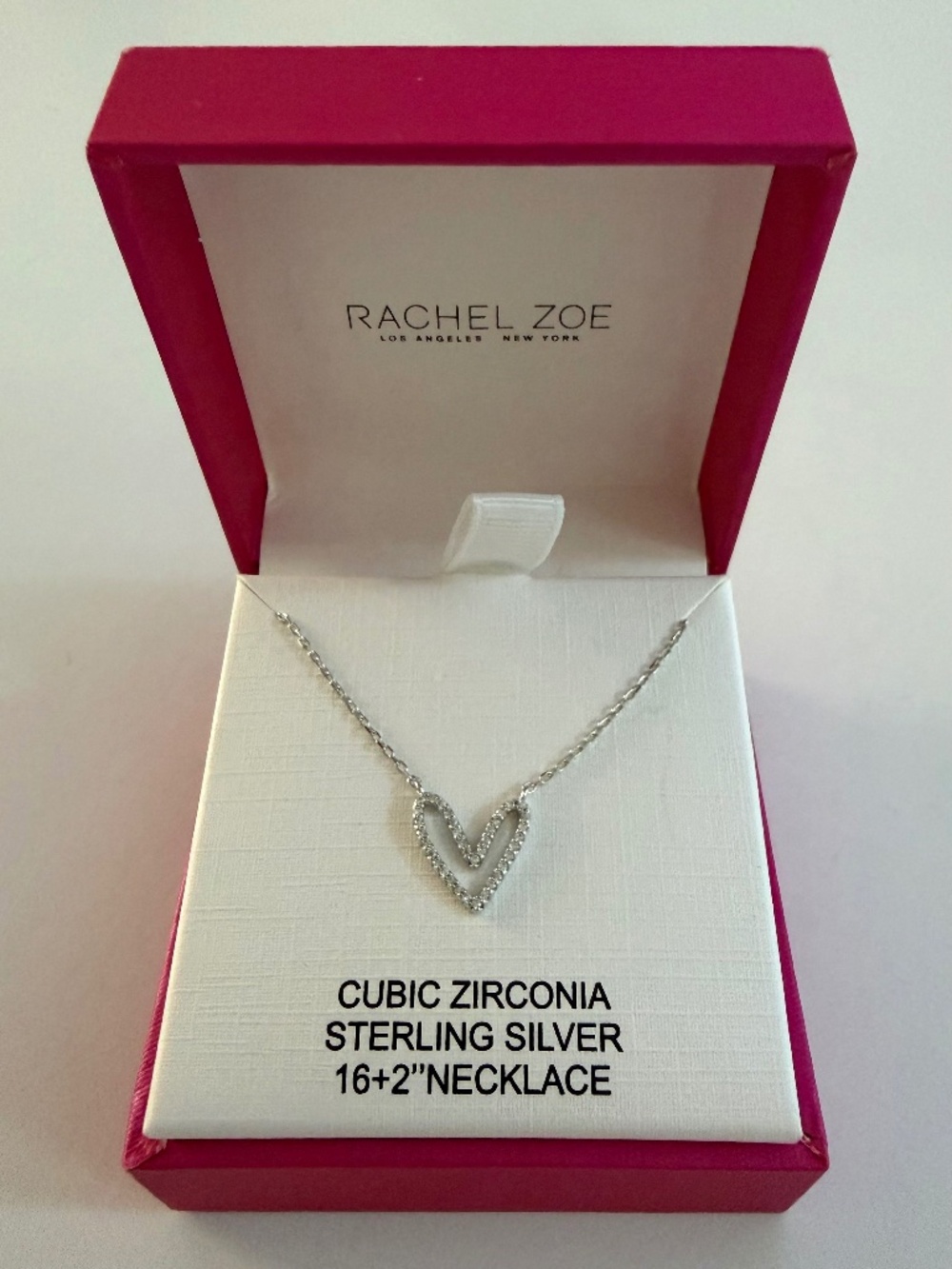 RACHEL ZOE 925 Sterling Silver & Cubic Zirconia Open Heart Necklace, 16"+2" NIB